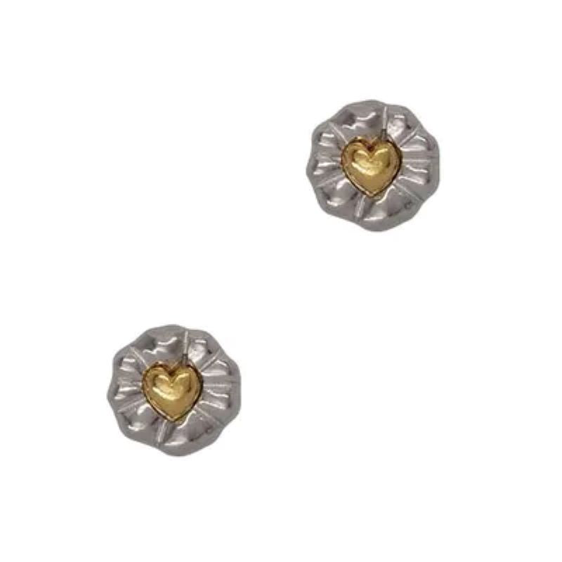 Two Tone Heart In Disc Post Earrings - Silver/Gold