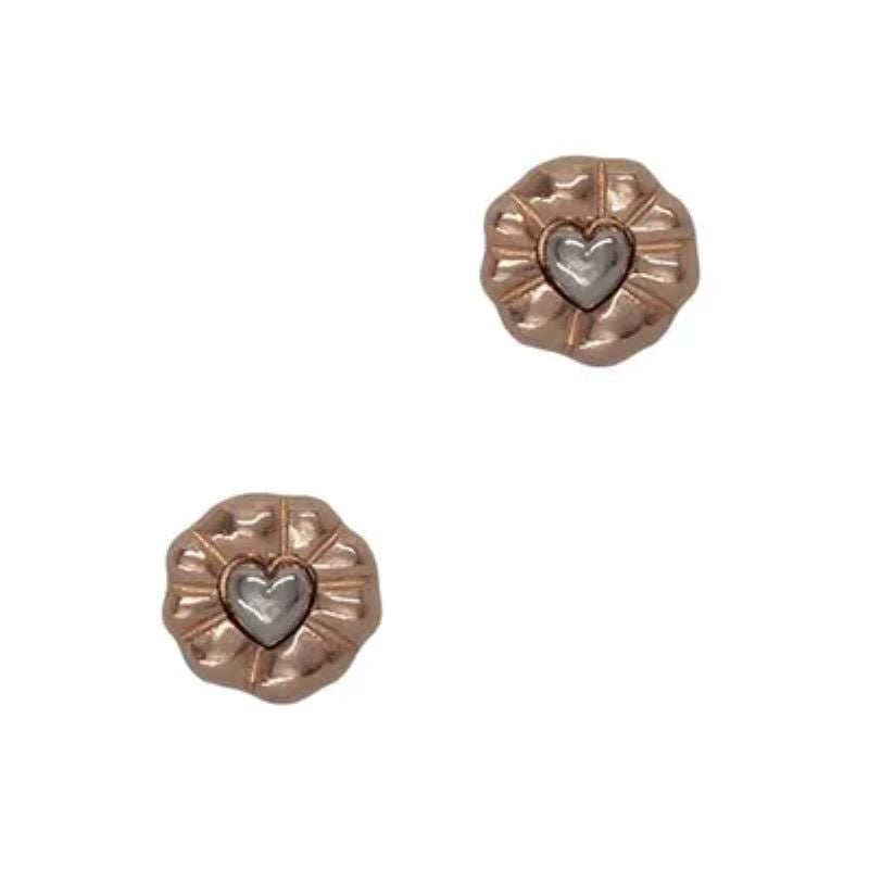 Two Tone Heart In Disc Post Earrings - Rose Gold/Silver