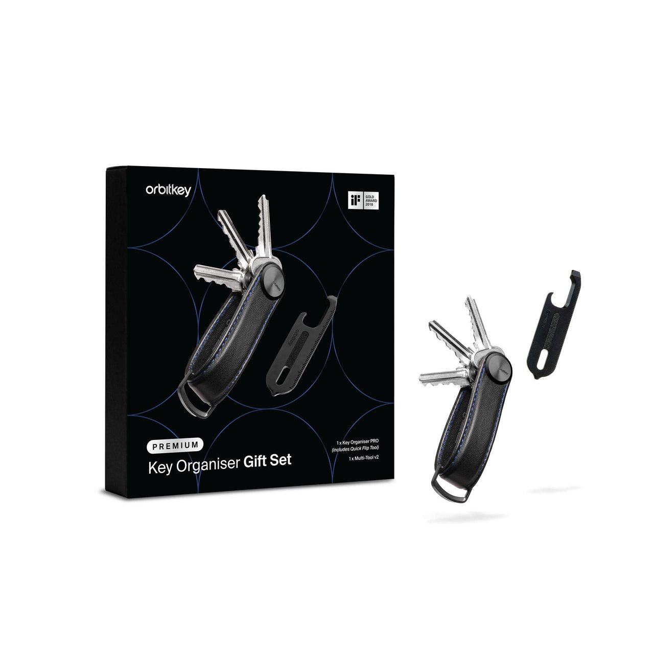 Orbitkey Set with Multitool - Leather Pro - Black With Blue Stitching