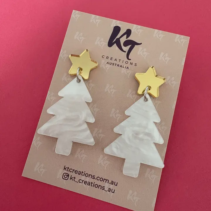 Christmas Tree White Marble & Gold Star Acrylic Earrings