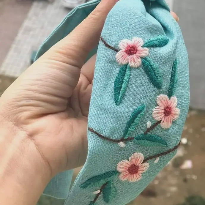 Embroidered Linen Turban Knot Headband - Cherry Blossoms