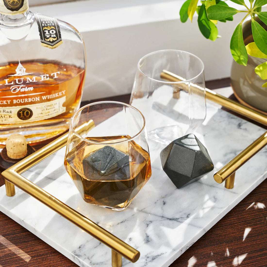 Seneca Faceted Crystal Tumblers & Basalt Stones