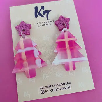 Pink Plaid Christmas Tree Acrylic Earrings
