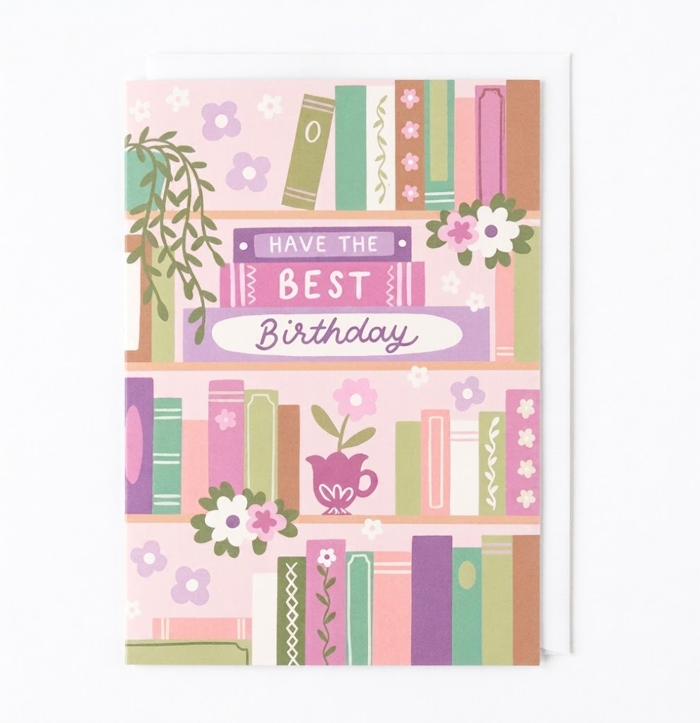 Floral Bookcase Birthday Card