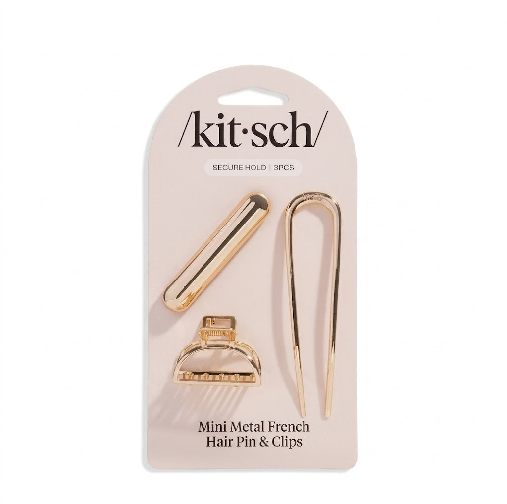 Mini Metal French Hair Pin & Clips 3pc Set - Gold
