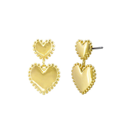 Ball Edged Double Heart Drop Stud Earrings - Gold