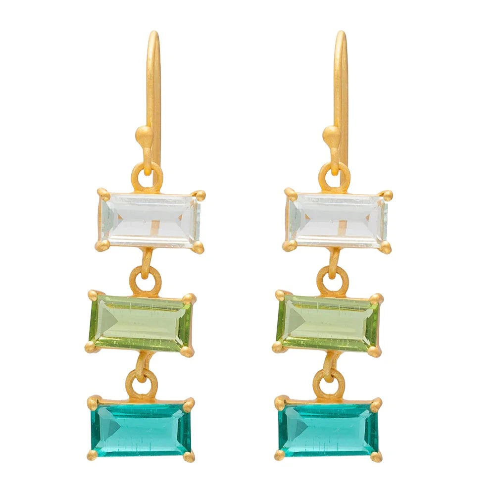 3 Tier Glass Earrings -  Aquamarine,  Peridot & Apatite