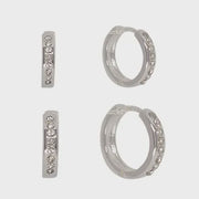 Cubic Zirconia Inlay Hoop Double Pair Earrings - Silver/ Clear