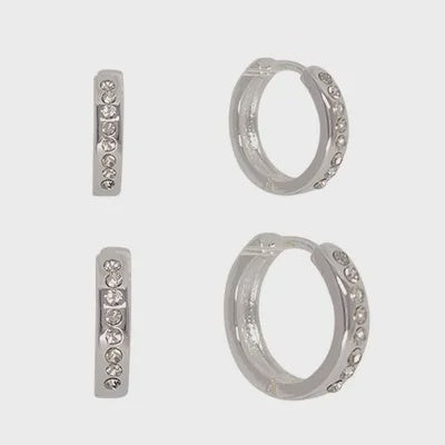 Cubic Zirconia Inlay Hoop Double Pair Earrings - Silver/ Clear