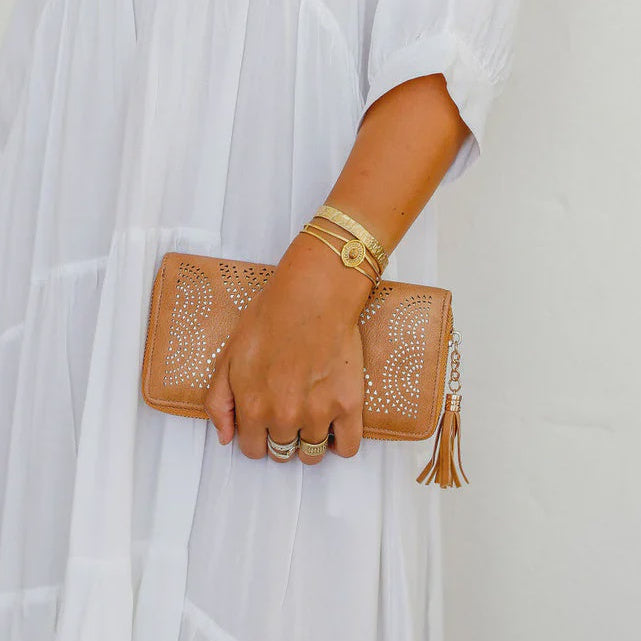 Laser Cut Out Detail Zip Wallet - Tan