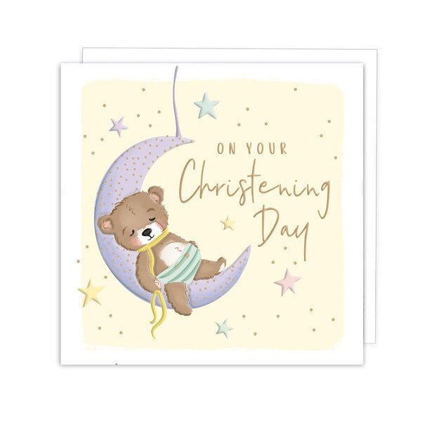On Your Christening Day - Bear on Moon Card