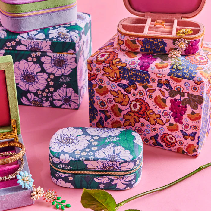 Tumbling Flowers Green Velvet Jewellery Box - Travel