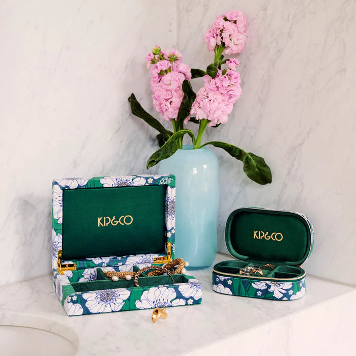 Tumbling Flowers Green Velvet Jewellery Box - Travel