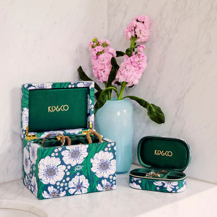 Tumbling Flowers Green Velvet Jewellery Box - Large