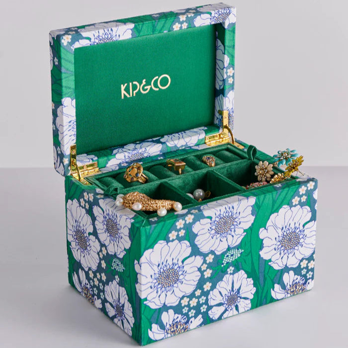 Tumbling Flowers Green Velvet Jewellery Box - Large