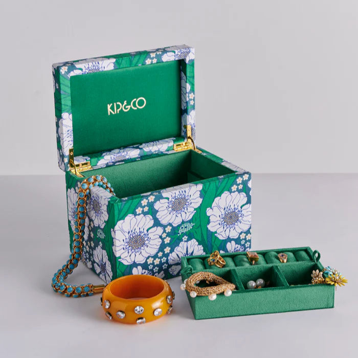 Tumbling Flowers Green Velvet Jewellery Box - Large