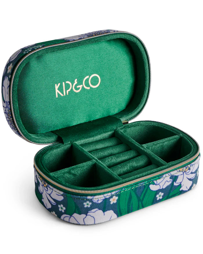 Tumbling Flowers Green Velvet Jewellery Box - Travel