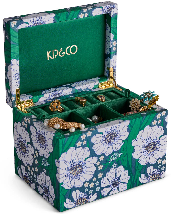 Tumbling Flowers Green Velvet Jewellery Box - Large