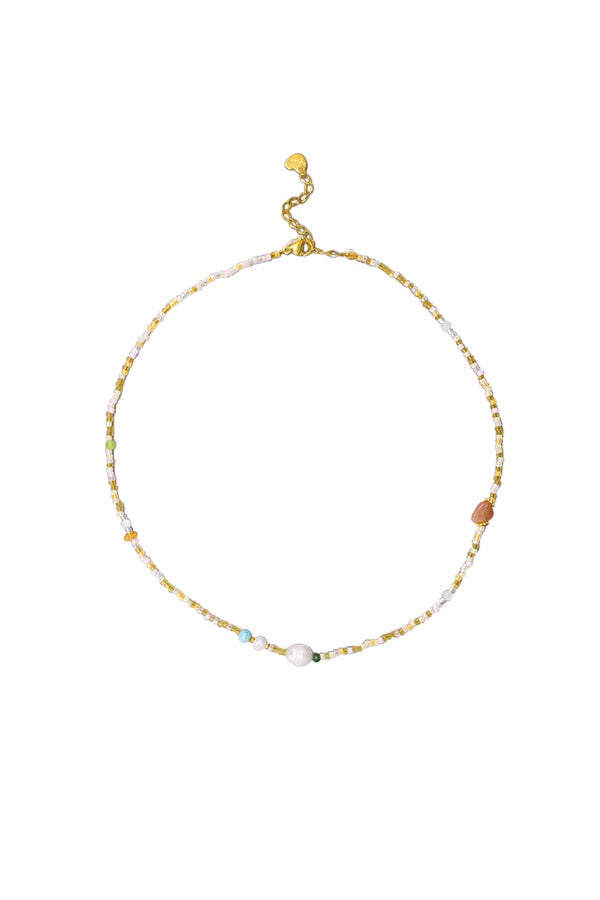 Cut Stone & Freshwater Pearl Necklace - Amber
