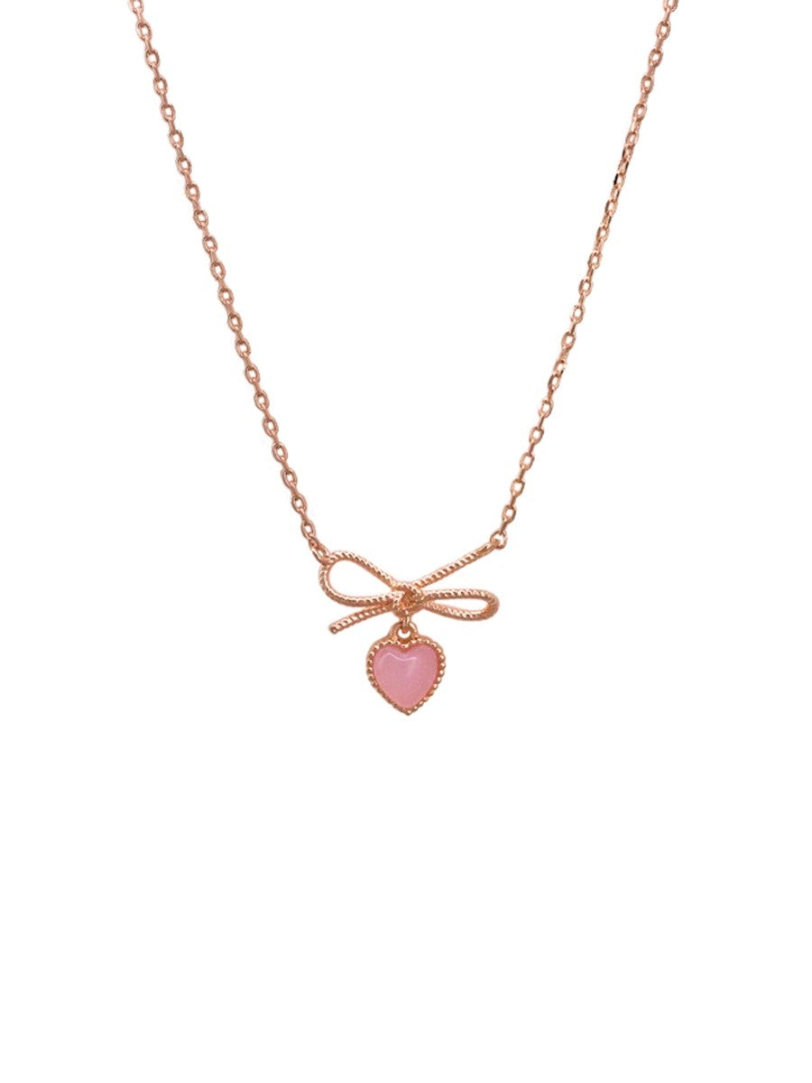 Ribbon & Heart Necklace - Rose Gold