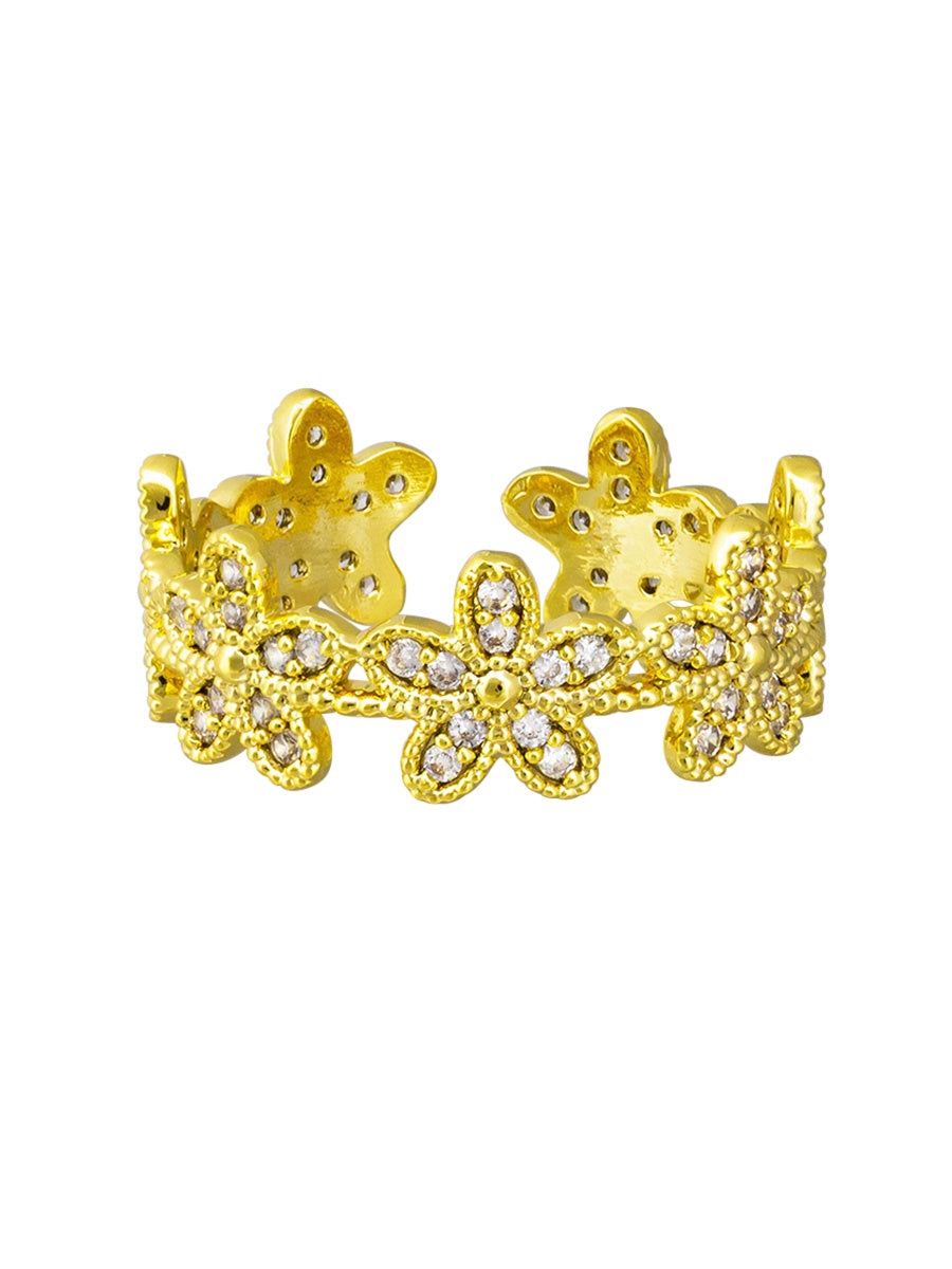 Crystal Flower Band Ring - Gold