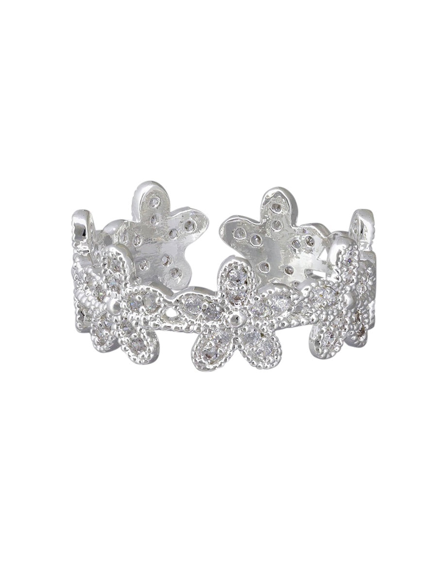 Crystal Flower Band Ring - Silver