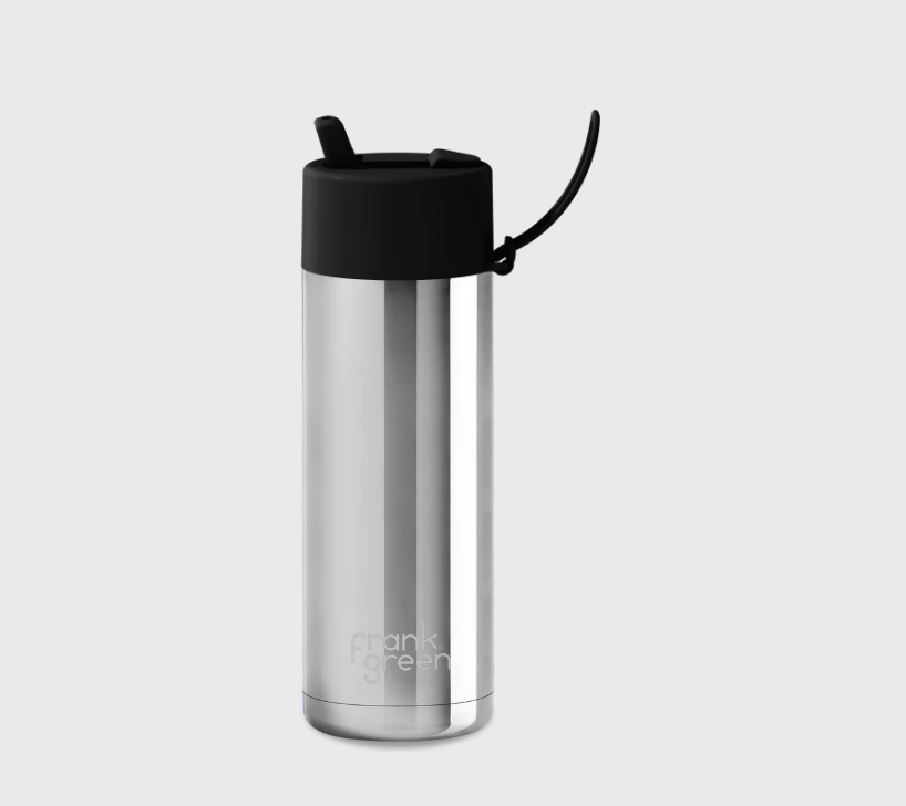 Ceramic Reusable Bottle with Flip Straw Lid 595mL - Silver with Midnight Lid