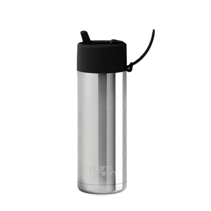 Ceramic Reusable Bottle with Flip Straw Lid 595mL - Silver with Midnight Lid