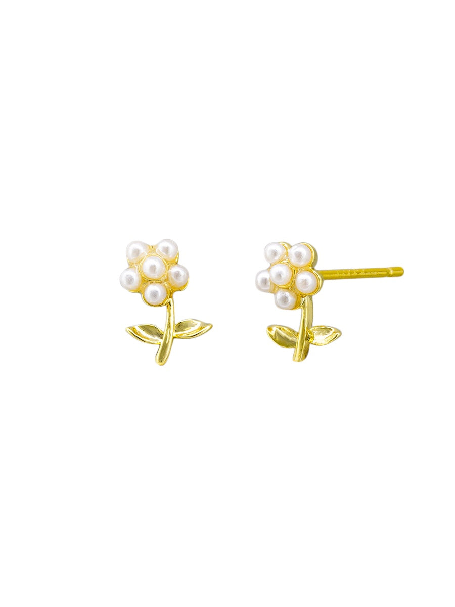 Little Pearl Flower Stud Earrings - Gold