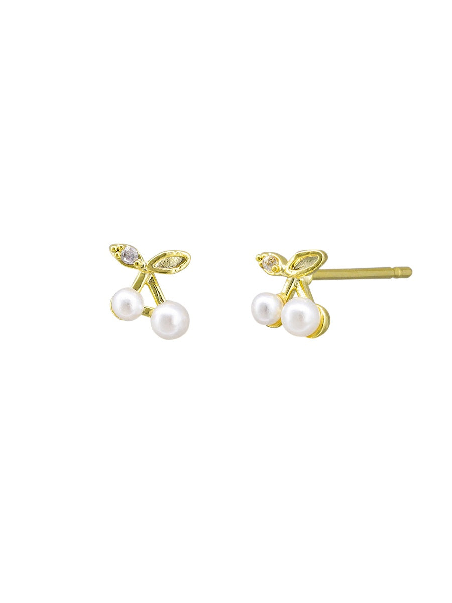 Little Pearl Cherry Stud Earrings - Gold