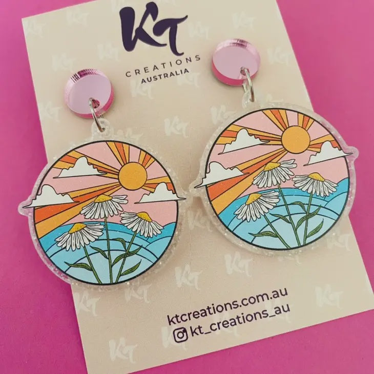 Sunrise Daisy Retro Printed Acrylic Dangle Earrings