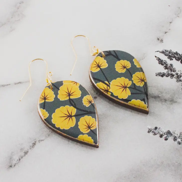 Leaf Earrings - Yellow & Grey Floral