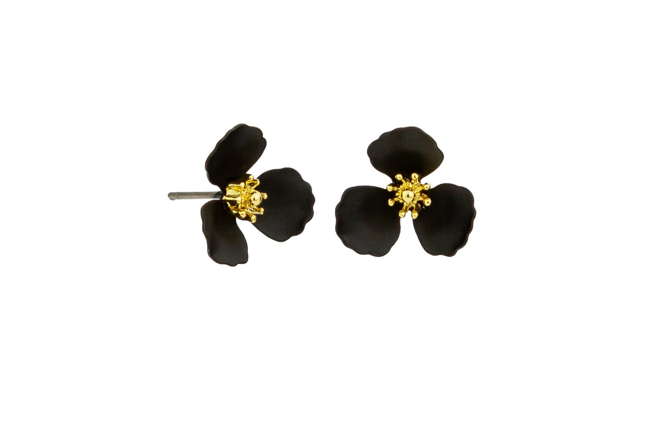 Wild Flower Black Stud Earrings - Gold
