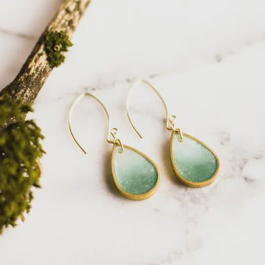 Brass Frame Raindrop Earrings - Seafoam