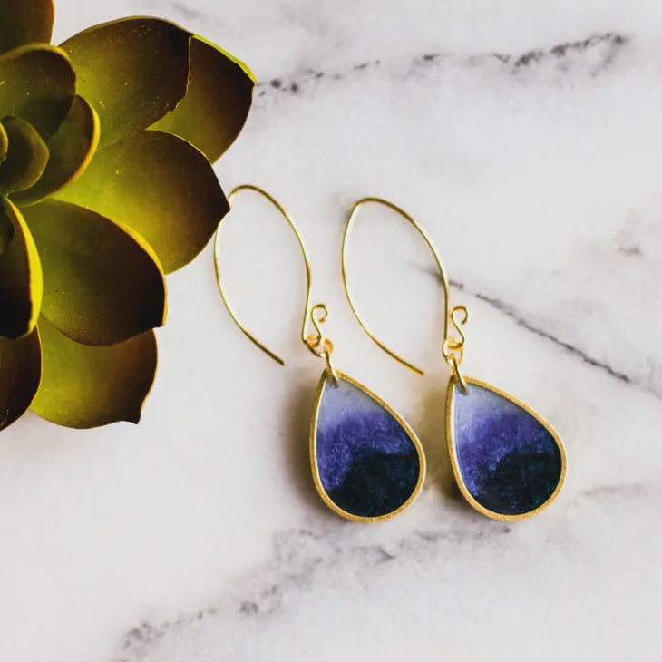 Brass Frame Raindrop Drop Earrings - Cobalt