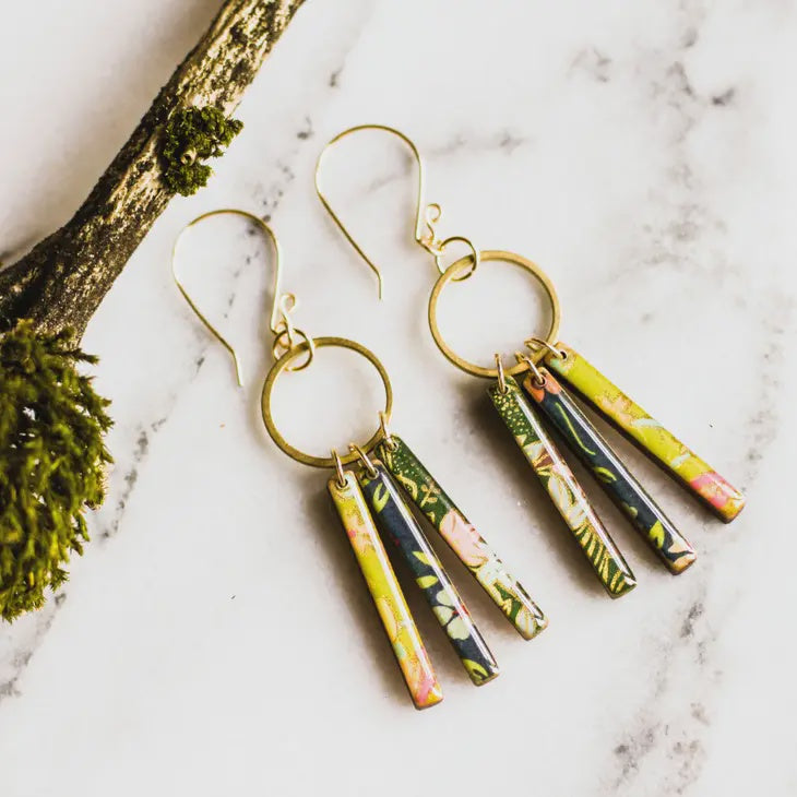 Japanese Collage Petite Fringe Earrings - Green & Blue
