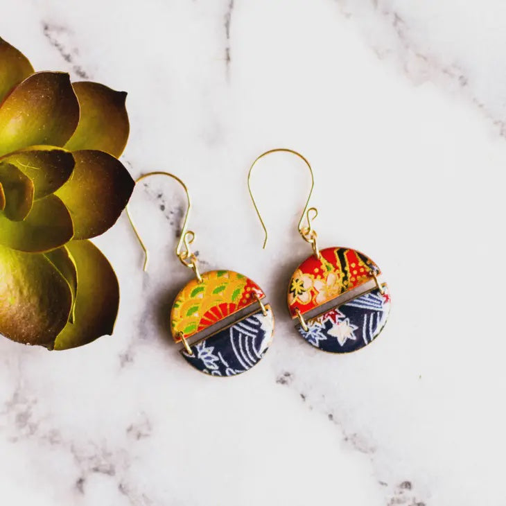 Two Halves Japanese Paper Circle Earrings - Red & Blue