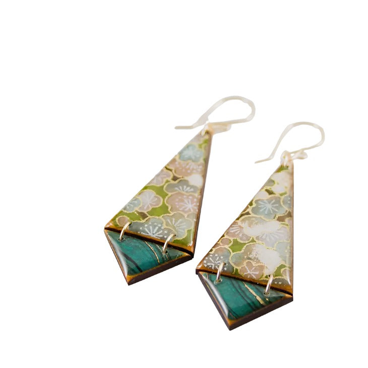 Double Triangle Earrings - Green Floral Japanese