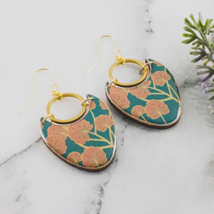 Brass Ring Statement Earrings - Teal & Pink Floral
