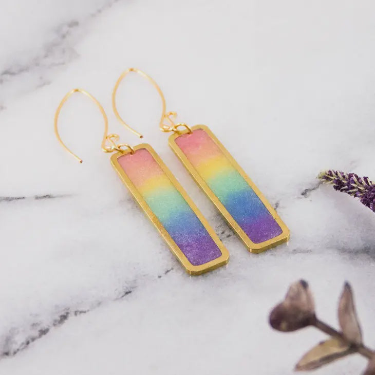 Brass Frame Rectangle Drop Earrings - Petite Pastel Rainbow