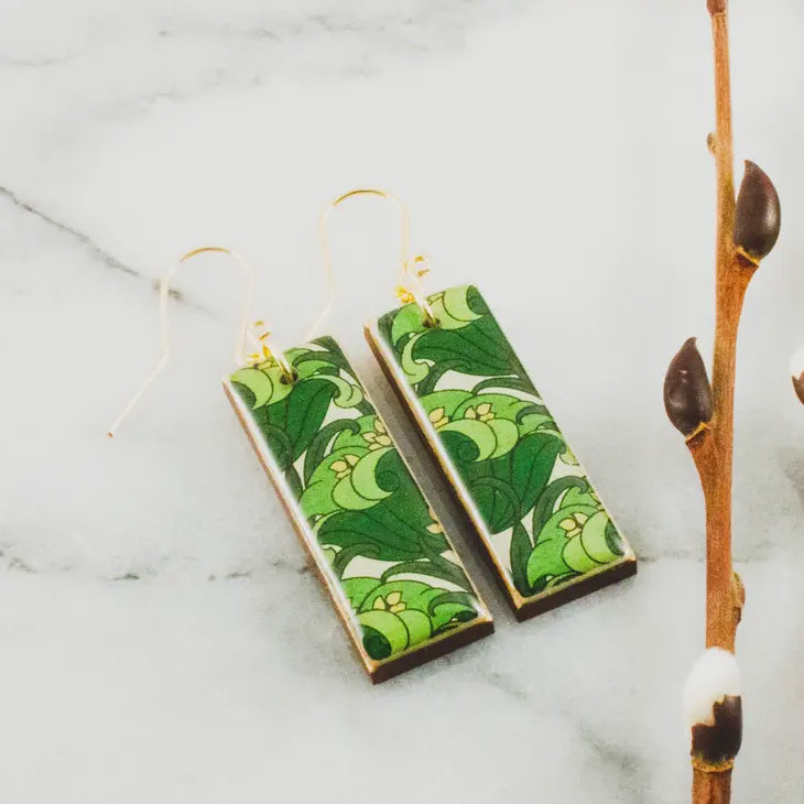 Rectangle Earrings - Vivid Green Art Nouveau Floral