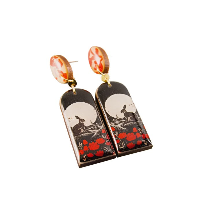 Drop Stud Earrings - Vintage Red & Black Rabbit