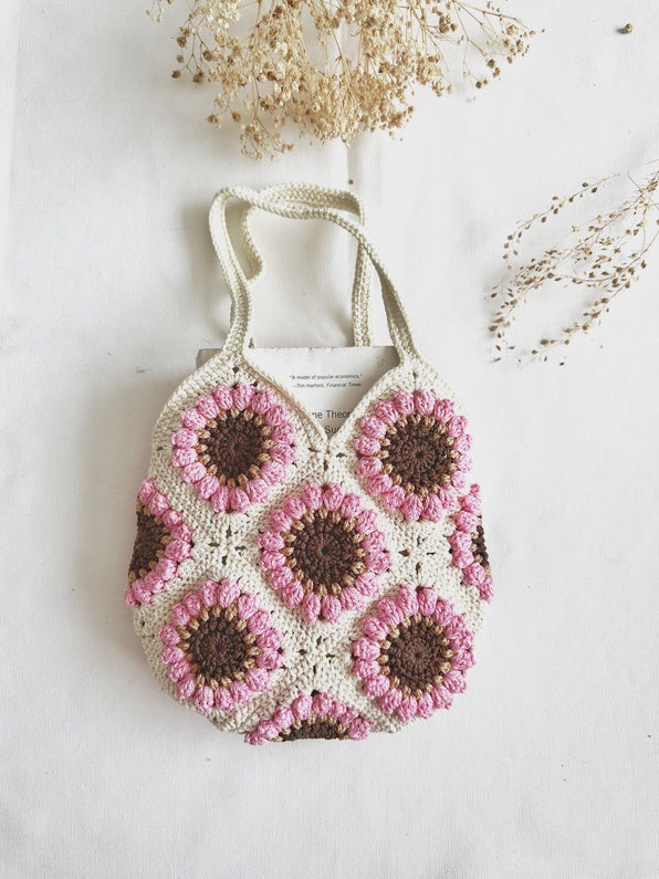 Hand Crochet Daisy Mini Pink & White Tote Bag