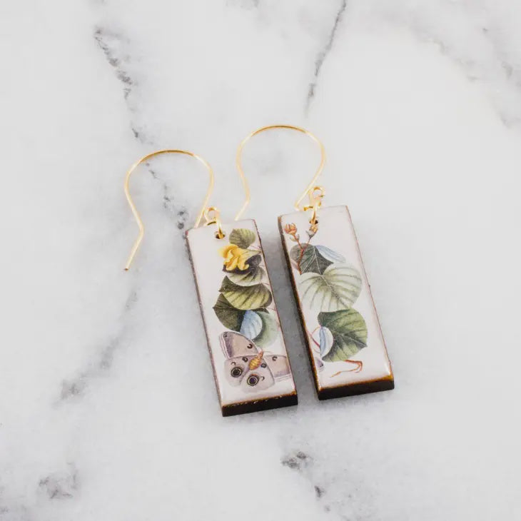 Rectangle Drop Earrings - Leaves & Butterfly