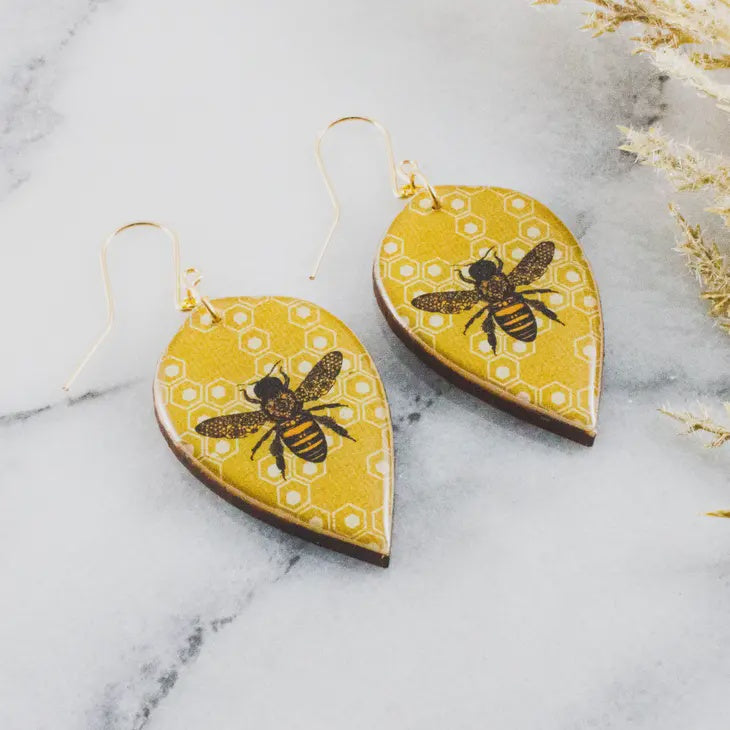 Leaf Drop Earrings - Honeycomb & Bee