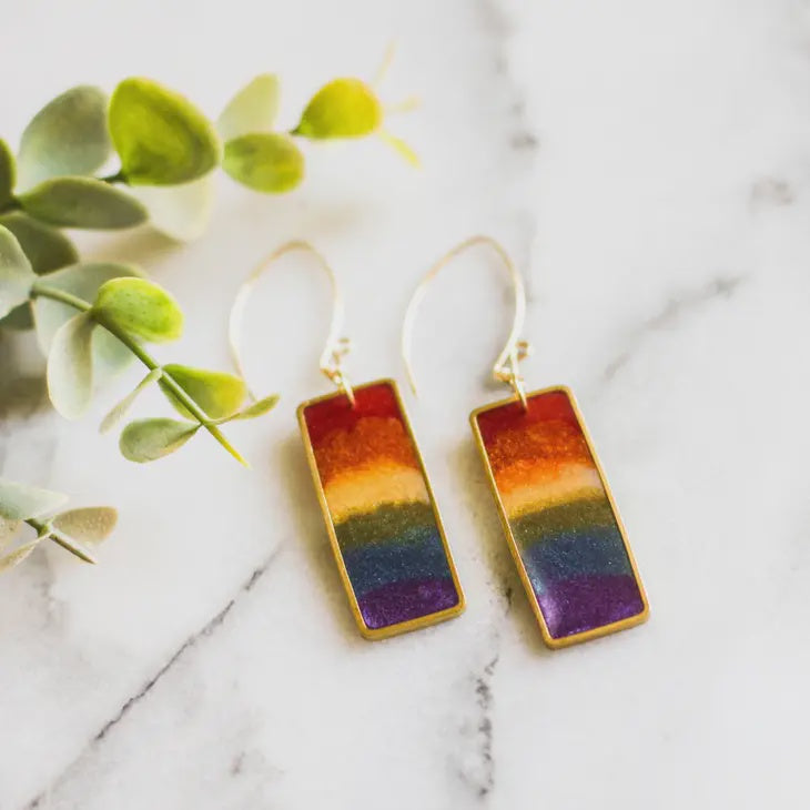 Brass Frame Rectangle Drop Earrings - Rainbow