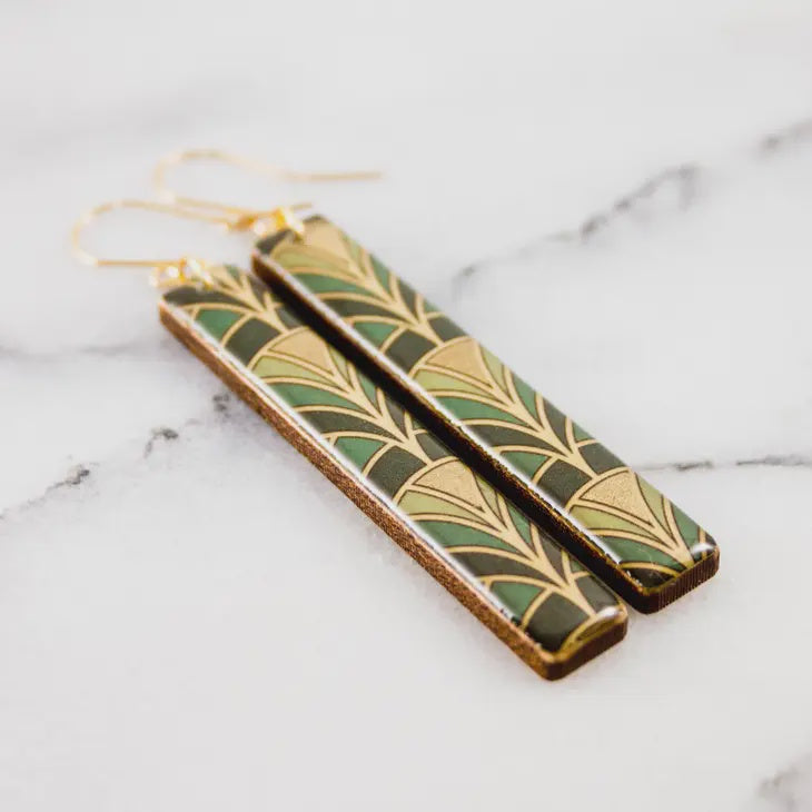 Bar Drop Earrings - Green & Gold Deco Fan