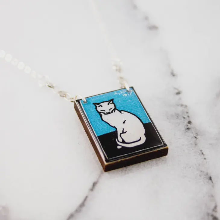 Vintage Necklace - Linocut Cat