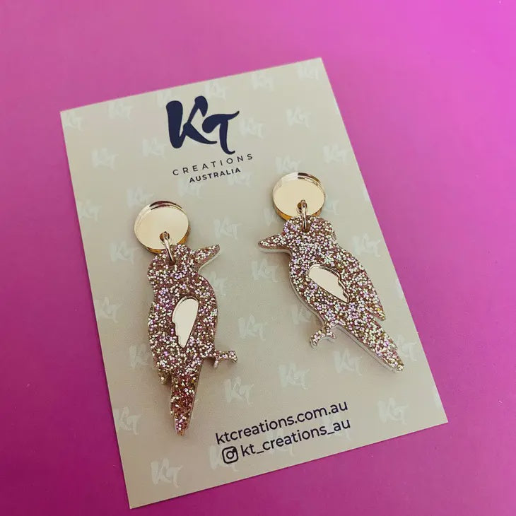 Layered Kookaburra Rose Gold Glitter Acrylic Dangle Earrings