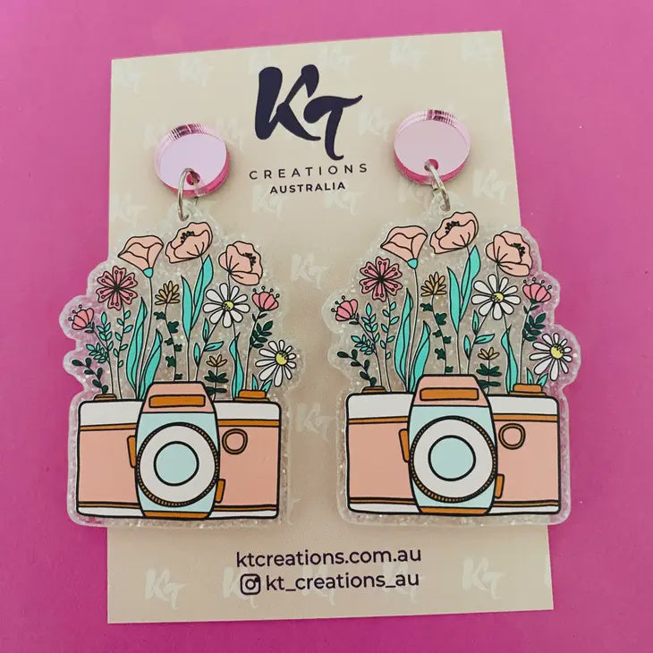 Floral Wildflower Camera Printed Acrylic Dangle Earrings